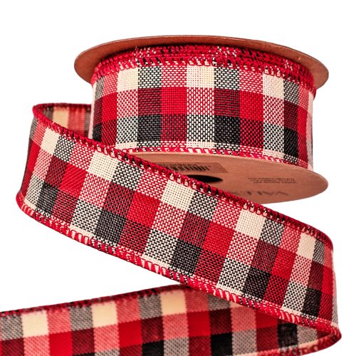 Cream, black, Red checkered ribbon with wired edge 38mm x 9.1m 