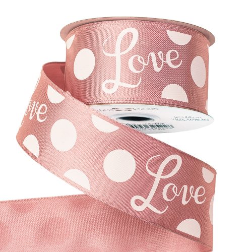 "Love" inscription premium satin ribbon with wired edge 38mm x 6.4m - Powder Beige