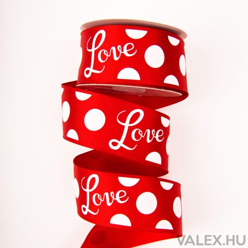 "Love" feliratos prémium szatén szalag drótos szegéllyel 38mm x 6.4m - Piros