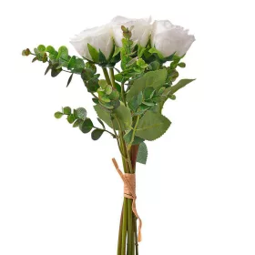   Eukaliptuszos rózsa selyemvirág csokor, 36cm magas - Fehér
