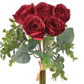   Eukaliptuszos rózsa selyemvirág csokor, 36cm magas - Bordó