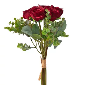   Eukaliptuszos rózsa selyemvirág csokor, 36cm magas - Bordó