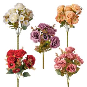   Rózsa selyemvirág csokor, 7 ágú, 43cm magas - 18db-os mix
