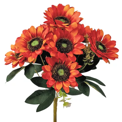 Napraforgó selyemvirág csokor, 9 fejes, 40cm magas, virágfej átmérő: 8cm - Sötét narancssárga