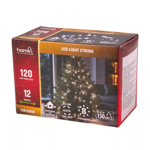 LED fényfüzér 11,9 m, 120 db hidegfehér LED, 8 fényprogrammal és időzítővel, zöld vezetékkel, kül- és beltéri használatra