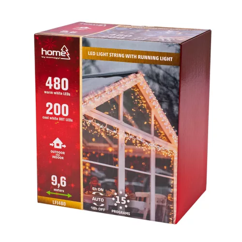 LED fényfüzér futófénnyel 9,6 m, 720 db melegfehér és hidegfehér LED, 16 fényprogrammal, fekete vezetékkel