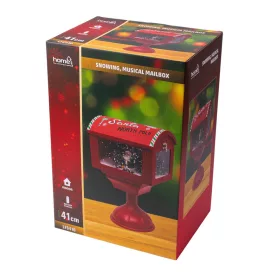   Zenélő, havazó karácsonyi postaláda LED világítással, piros, 41 cm