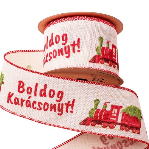"Boldog Karácsonyt!" inscription,  locomotive linen ribbon with wired edge 63mm x 9.1m