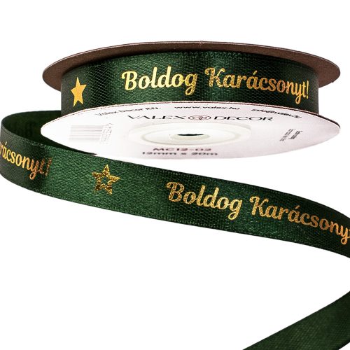 Shiny Gold "Boldog Karácsonyt!" inscription satin ribbon 12mm x 20m - Dark green