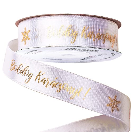 Shiny Gold "Boldog Karácsonyt!" inscription satin ribbon 20mm x 20m - White