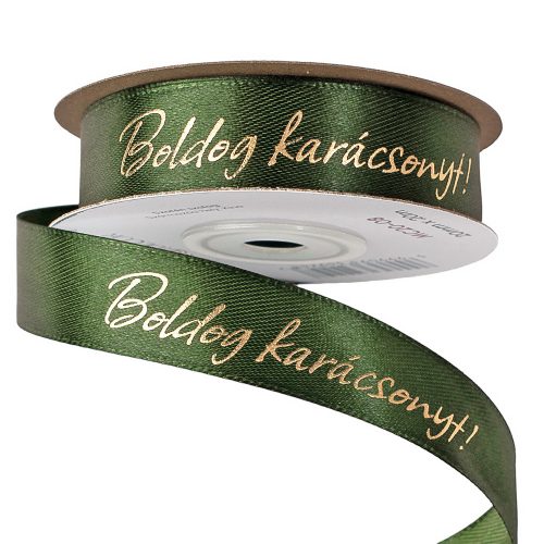 Shiny gold "Boldog Karácsonyt!" inscribed satin ribbon 20mm x 20m - Dark Green