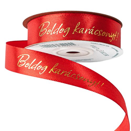 Fényes arany "Boldog Karácsonyt!" feliratos szatén szalag 20mm x 20m - Piros