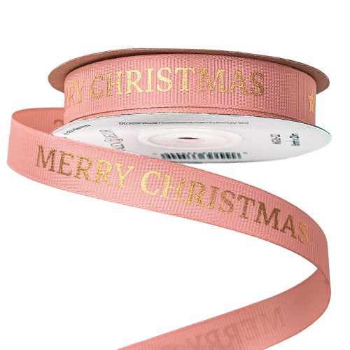 "Merry Christmas" feliratos ripsz szalag 16mm x 20m - Púder rózsaszín