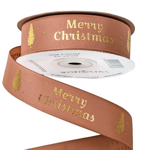 "Merry Christmas" feliratos ripsz szalag 25mm x 20m - Púder barna