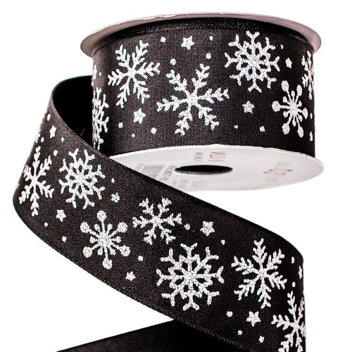 Csillogó hópelyhes prémium szatén szalag drótos szegéllyel 38mm x 6.4m - Fekete
