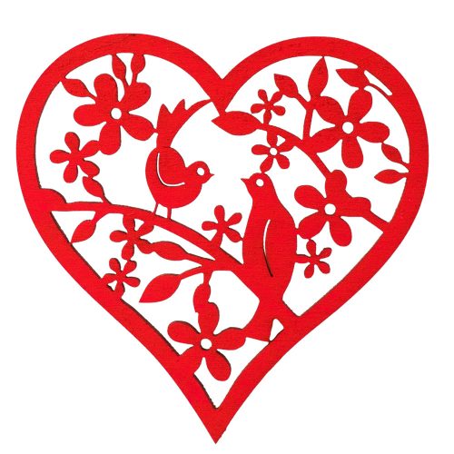 2pcs. Bird laser cut wooden heart 8 x 8cm - Red