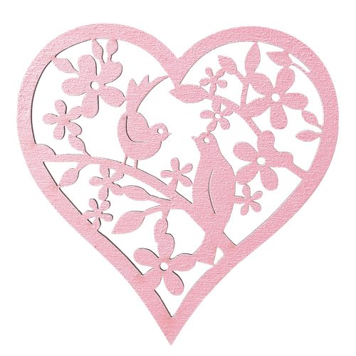3pcs. Bird laser cut wooden heart 6 x 6cm - Pink