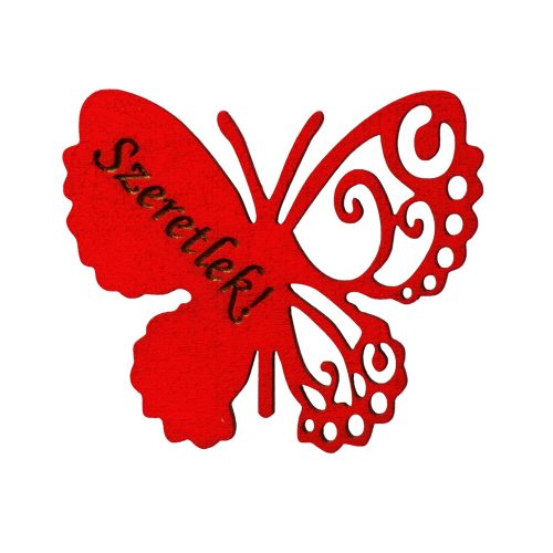 4 pcs. "Szeretlek" inscription engraved wooden butterfly 7 x 6cm - Red