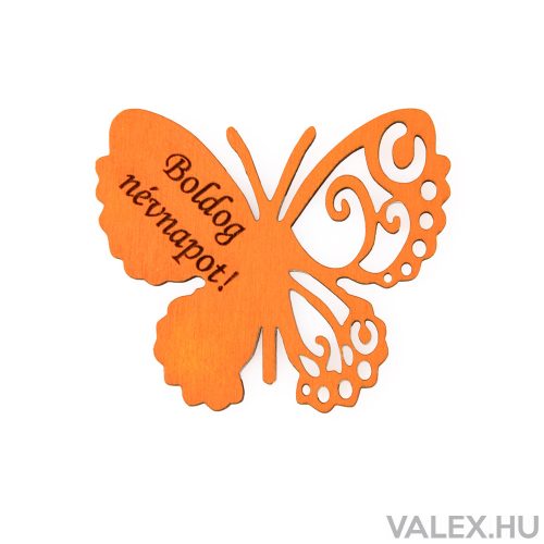 4db. "Boldog Névnapot!" feliratos festett fa pillangó 7 x 6cm - Narancssárga