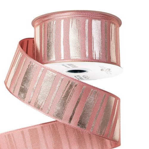 Premium satin ribbon with shiny silver pattern, with wired edge 38mm x 6.4m - Powder Beige