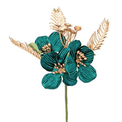 Arany és zöld dekorvirág pick, 20 cm magas