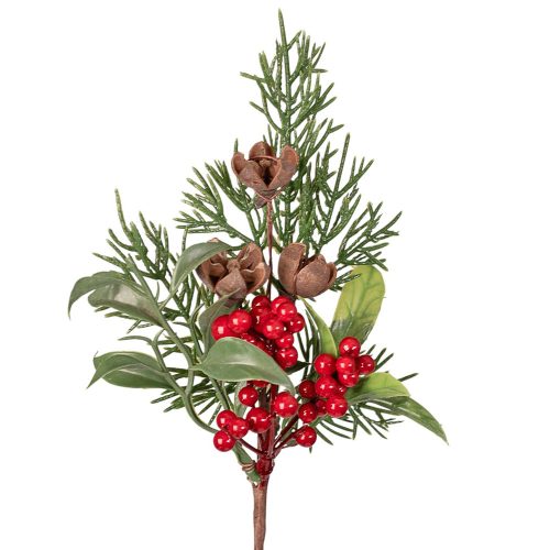 Piros bogyós dekor pick fenyővel és tobozzal, 20 cm magas
