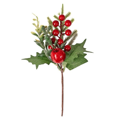 Piros bogyós dekor pick levelekkel és fenyőágakkal, 21 cm magas
