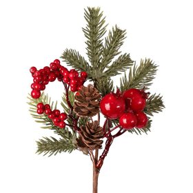   Piros bogyós dekor pick fenyőágakkal és tobozokkal, 24 cm magas
