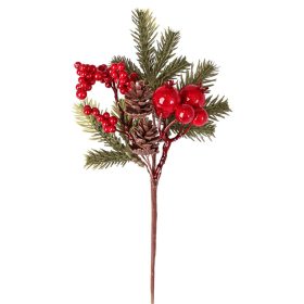   Piros bogyós dekor pick fenyőágakkal és tobozokkal, 24 cm magas