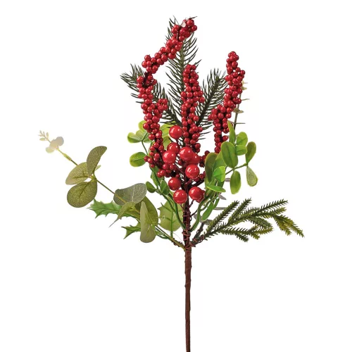 Téli dekorág piros bogyókkal, fenyőágakkal és eukaliptusz levelekkel, 35 cm magas
