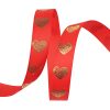 Grosgrain ribbon with golden heart pattern 16mm x 20m - Red