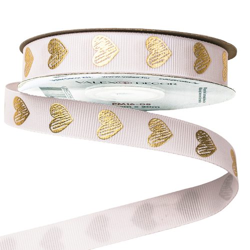 Grosgrain ribbon with golden heart pattern 16mm x 20m - White