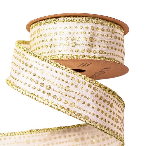 Gold glitter satin ribbon with wired edge 38mm x 9.1m - Cream