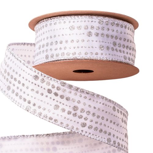 Silver glitter satin ribbon with wired edge 38mm x 9.1m - White