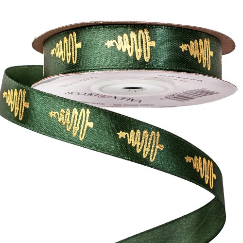 Satin ribbon with pine tree pattern 16mm x 20m - Dark green