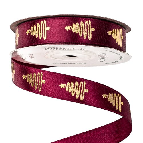Satin ribbon with pine tree pattern 16mm x 20m - Wine red