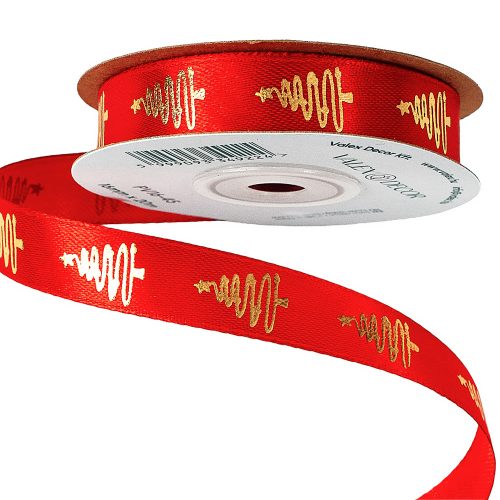 Satin ribbon with pine pattern 16mm x 20m - Red