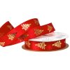 Satin ribbon with pine pattern 16mm x 20m - Red