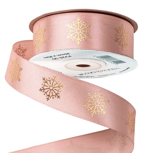 Satin ribbon with snowflake pattern 25mm x 20m - Powder beige