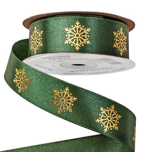 Satin ribbon with snowflake pattern 25mm x 20m - Dark green