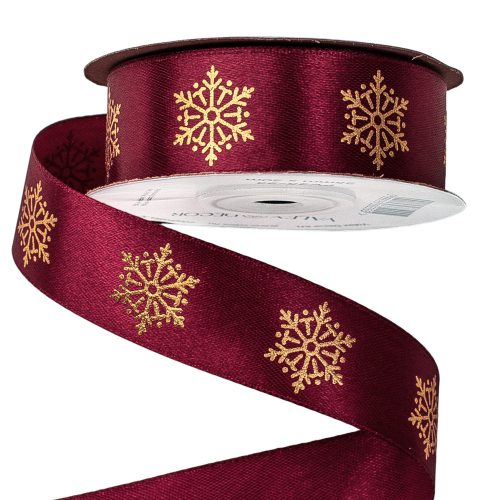 Satin ribbon with snowflake pattern 25mm x 20m - Wine red