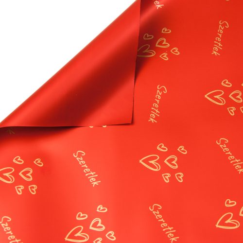 "Szeretlek" feliratos, szívecskés fólia tekercs 58cm x 10m - Piros/Arany
