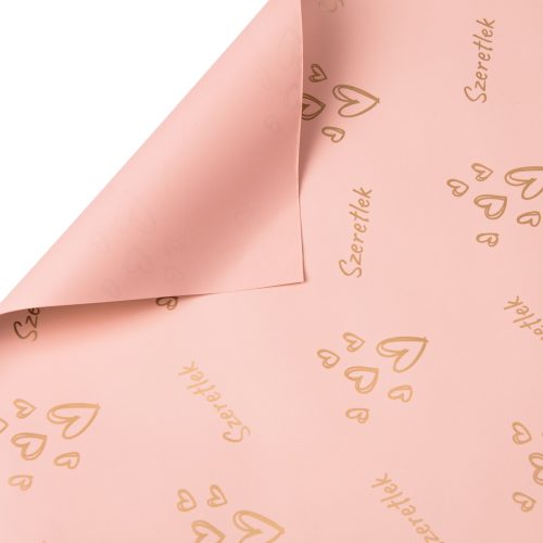"Szeretlek" feliratos, szívecskés fólia tekercs 58cm x 10m - Powder pink/Gold