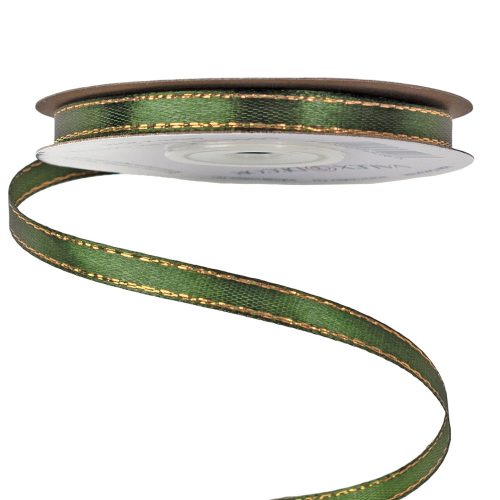 Satin ribbon with golden edge 6mm x 20m - Dark Green 