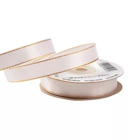 Satin ribbon with golden edge 16mm x 20m - White 