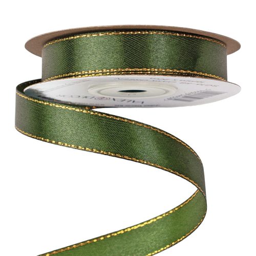 Satin ribbon with golden edge 16mm x 20m - Dark Green 