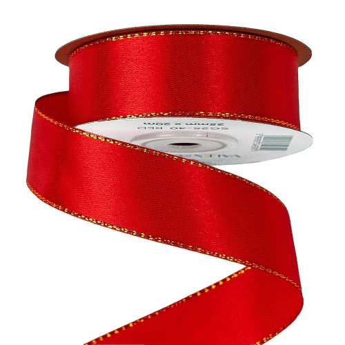 Satin ribbon with golden edge 25mm x 20m - Red 