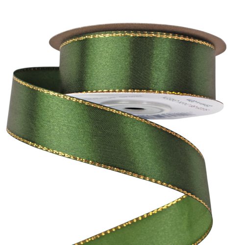 Satin ribbon with golden edge 25mm x 20m - Dark Green 