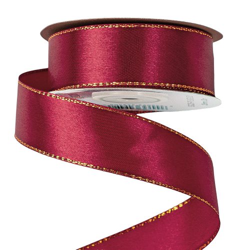 Satin ribbon with golden edge 25mm x 20m - Burgundy 