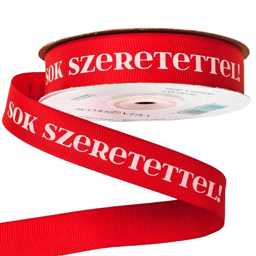 "Sok Szeretettel!" inscription grosgrain ribbon 20mm x 20m - Red